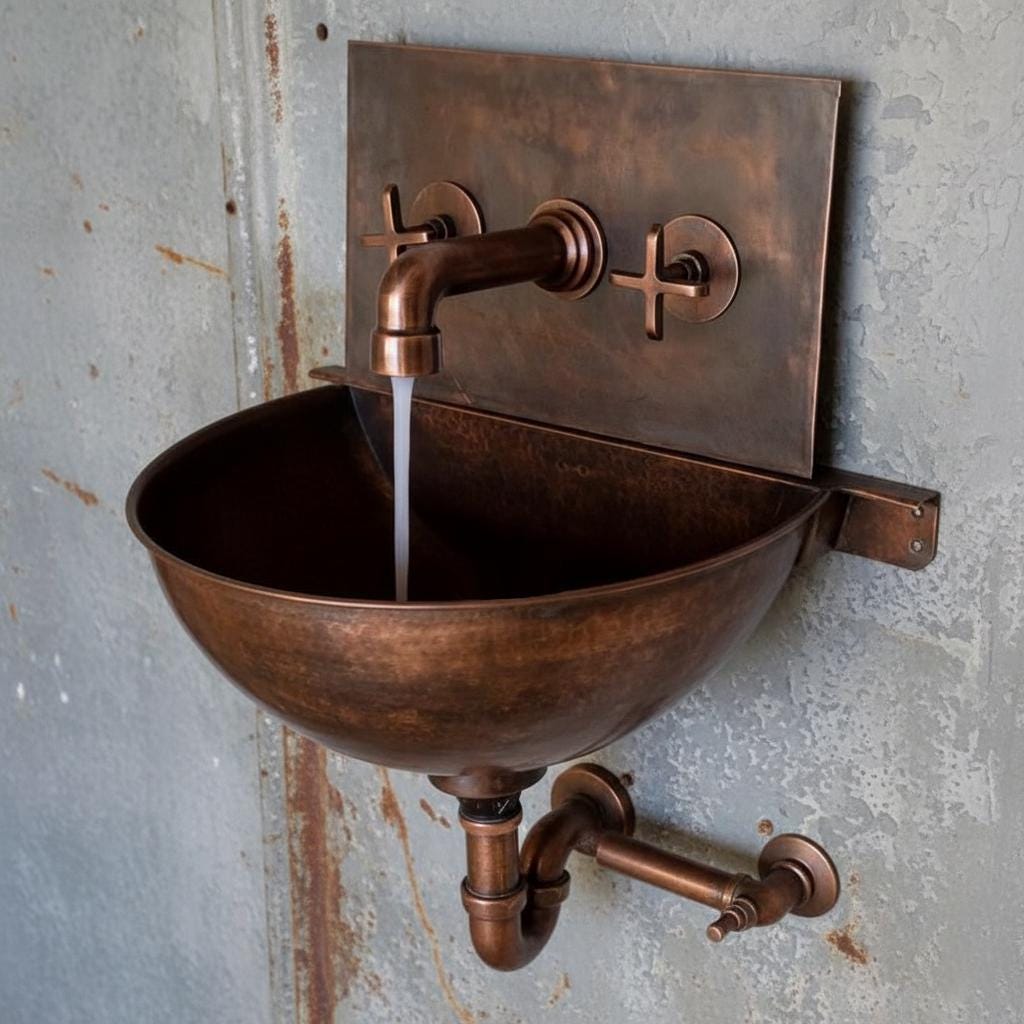 Handmade Aged Copper Wall Mount Sink with Matching Faucet for Rustic Vintage Bathroom Designs