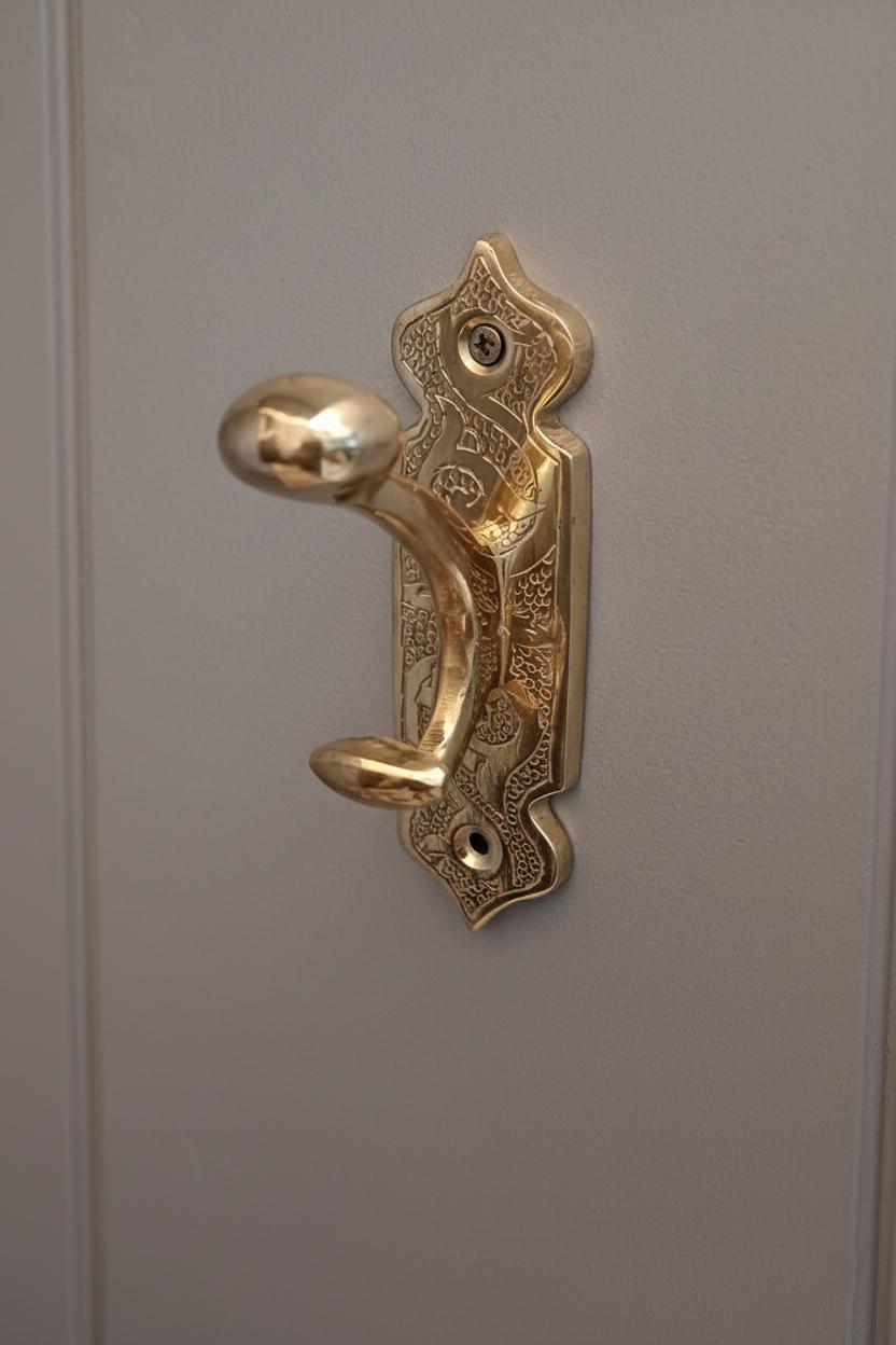 Engraved Solid Brass Wall Hook – Unlacquered Vintage Moroccan Coat Holder