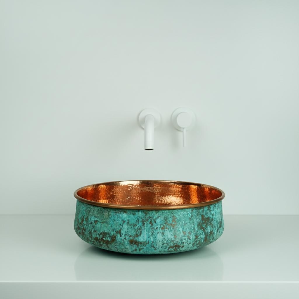 Handmade Turquoise Patina Copper Vessel Sink with Polished Interior for Luxury Bathroom Designs