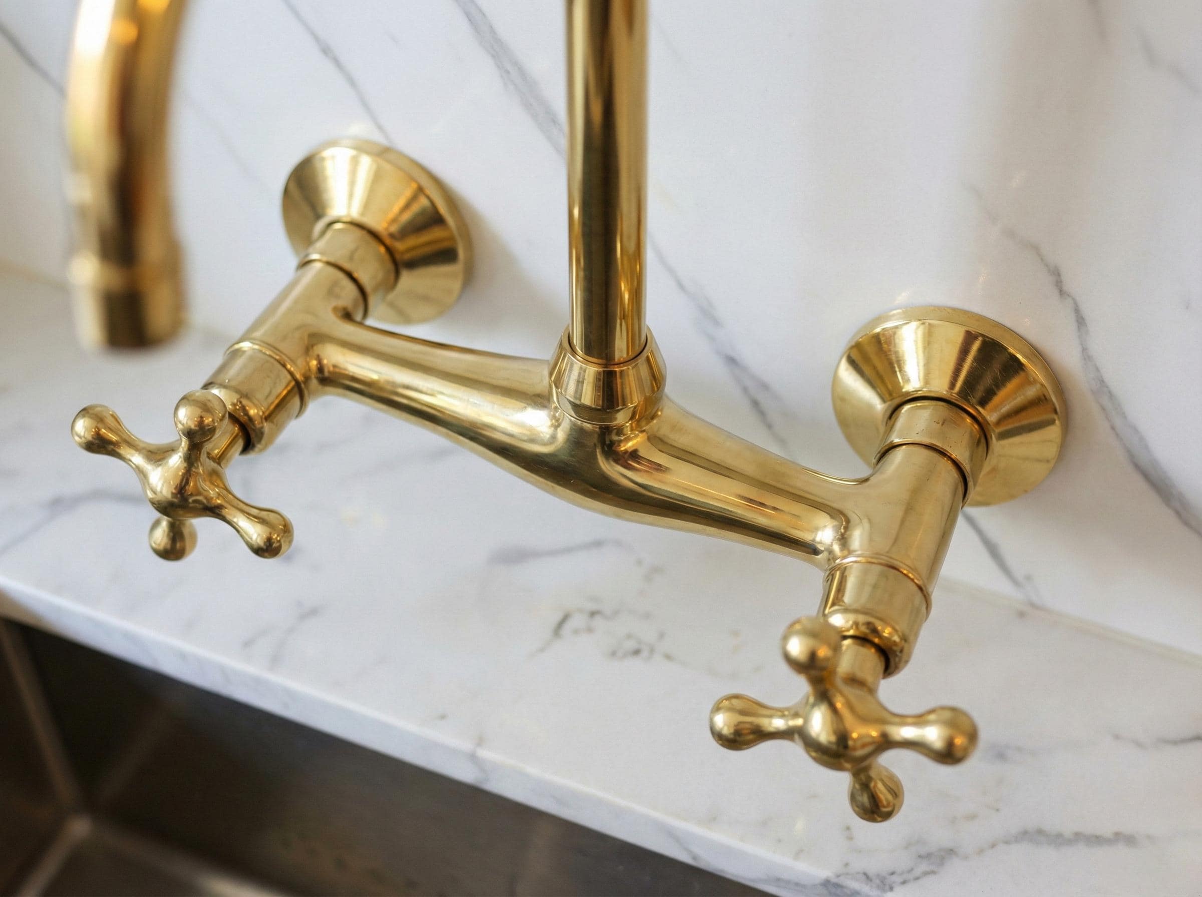 Unlacquered Brass Wall Mount Faucet, Handmade Gooseneck Kitchen Tap Water Mixer with Cross Handles