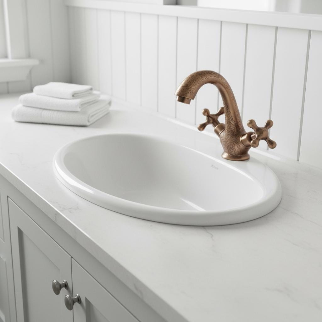 Bathroom sink with bronze faucet and white towels on a countertop.