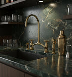 Unlacquered Brass Bridge Kitchen Faucet with Sprayer and Soap dispenser, Handmade Solid Brass Farmhouse Sink Mixer