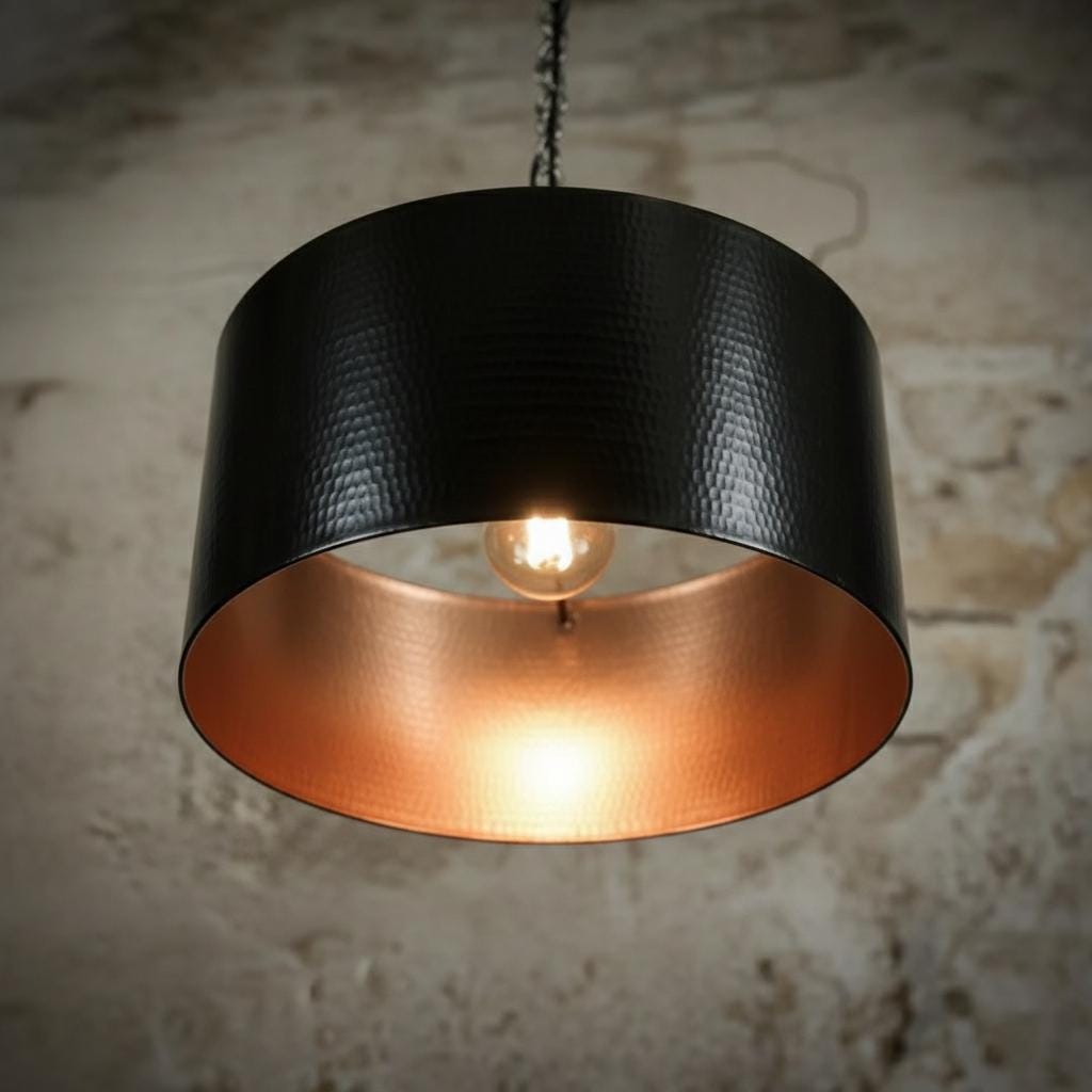 Handmade Hammered Pendant Light Solid Copper Shade with Matte Black Finish for Modern Luxury Interiors