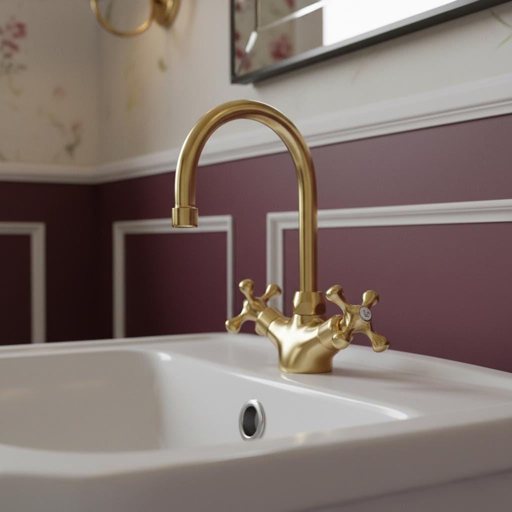 Unlacquered Brass Bathroom Faucet – Handmade Solid Brass Vanity Sink Mixer Tap with Cross Handles