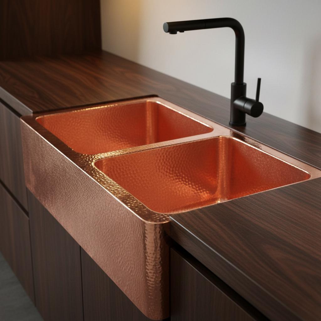 Handmade Hammered Double Bowl Farmhouse Sink Solid Copper Apron Front Kitchen Basin Design