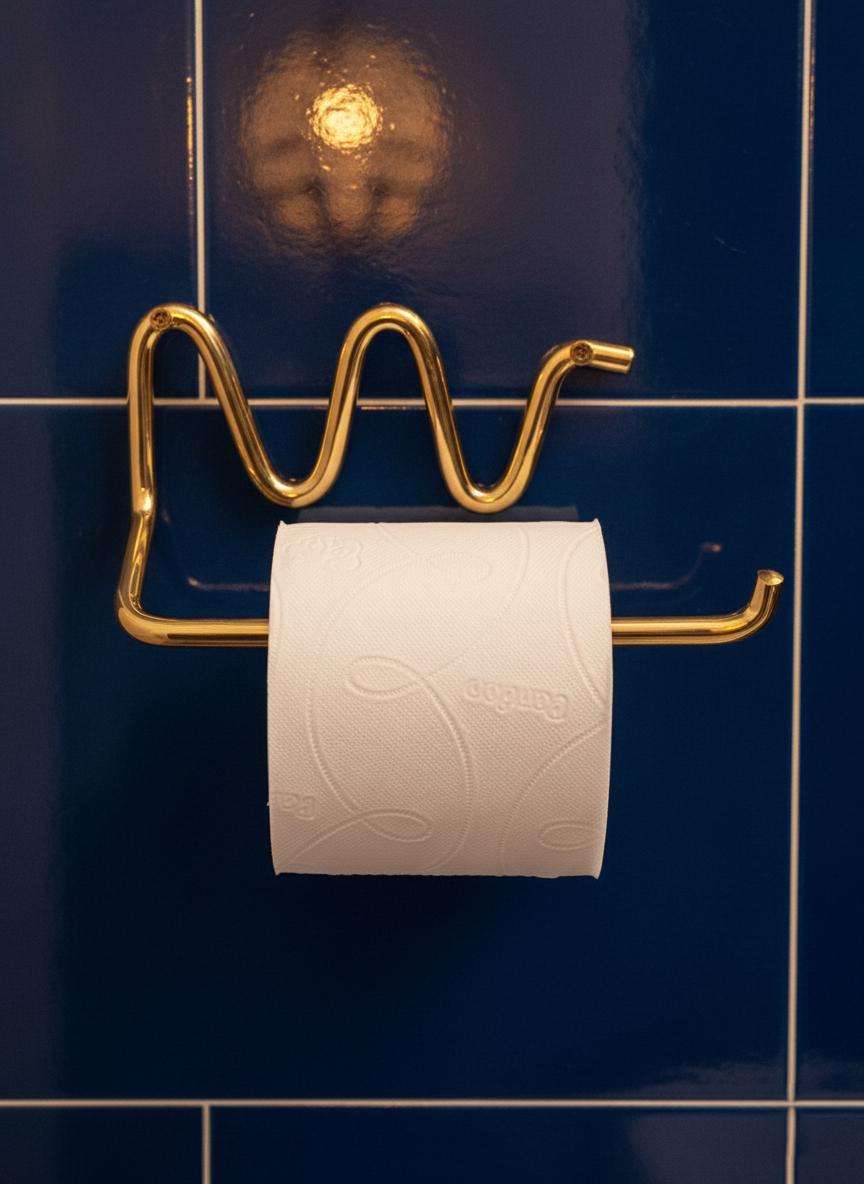 Gold toilet paper holder with a roll of toilet paper on a blue tiled wall.