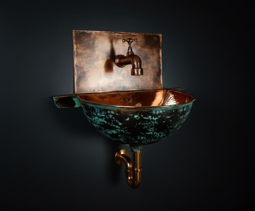 Handcrafted Turquoise Patina Copper Wall Mount Sink with Hammered Interior for Unique Luxury Bathrooms