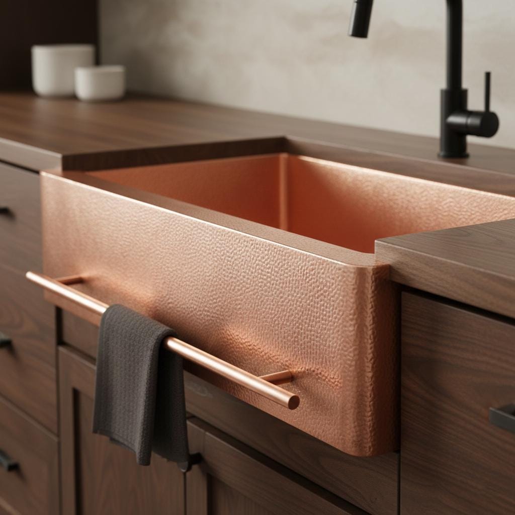 Handmade Rectangular Farmhouse Apron Front Copper Sink with Integrated Towel Bar