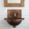 Handmade Aged Patina Copper Wall Mounted Bathroom Sink with Integrated Backsplash and Matching Mixer Faucet