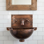 Handmade Aged Patina Copper Wall Mounted Bathroom Sink with Integrated Backsplash and Matching Mixer Faucet