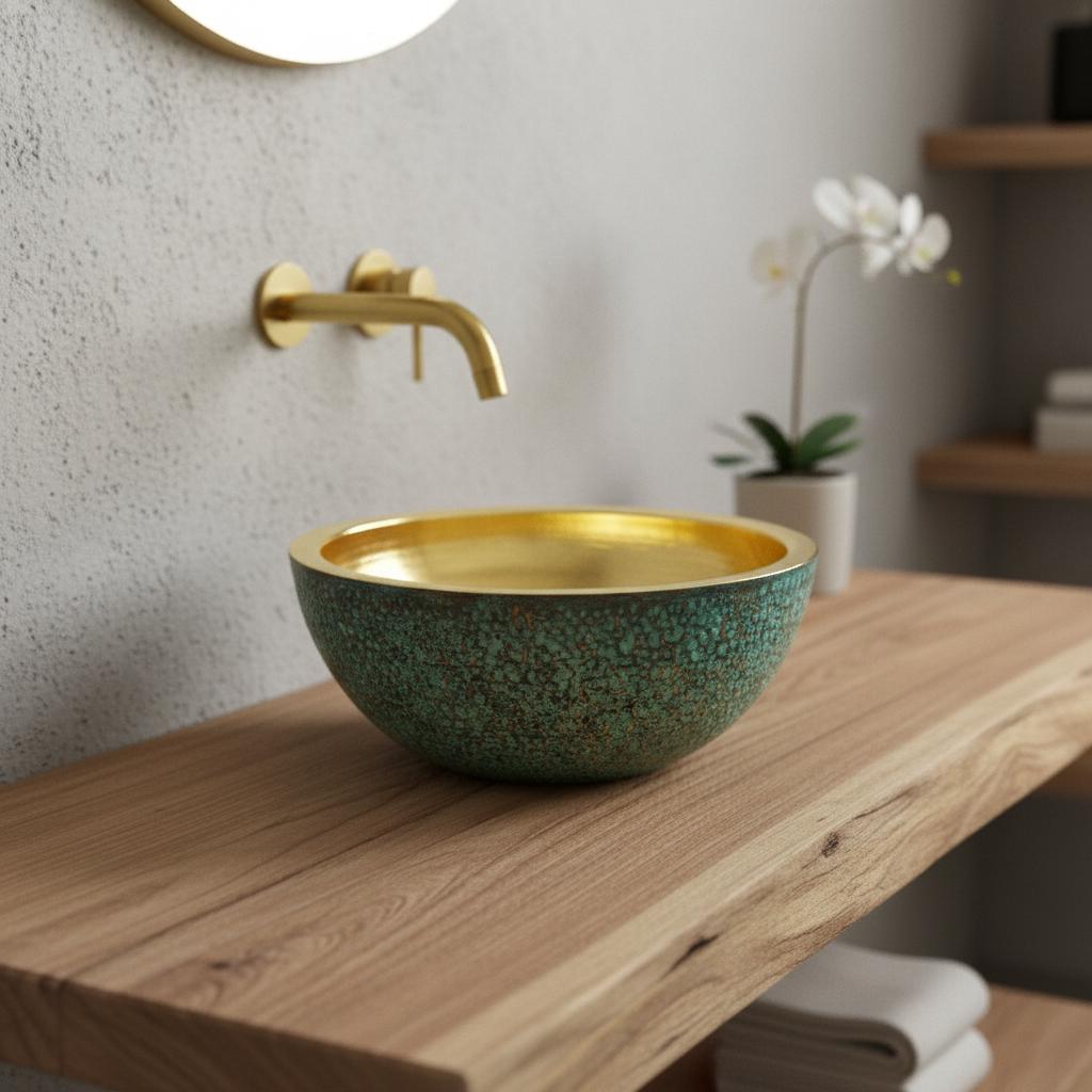 Handmade Green Patina Brass Vessel Sink: Bathroom Bowl for Vanity or Powder Room