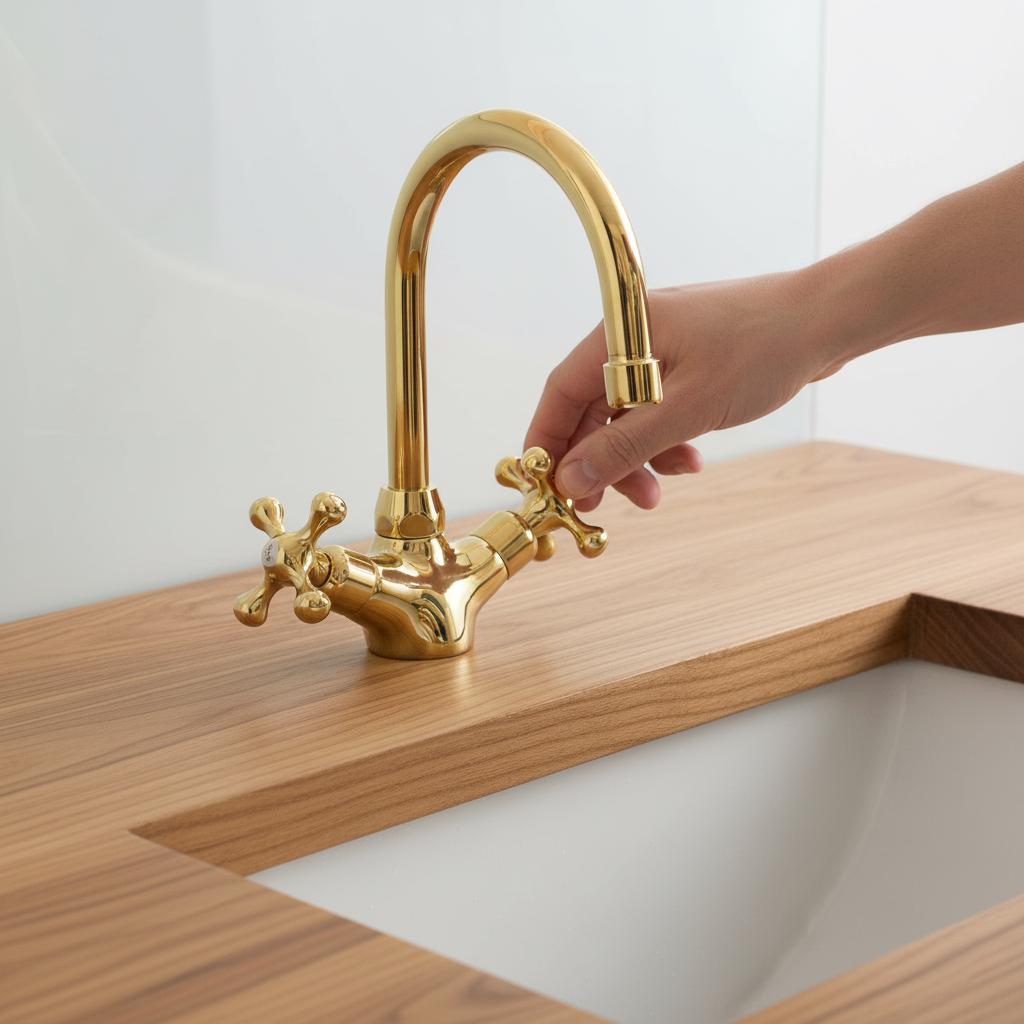 Gold faucet on a wooden kitchen sink with a hand turning the handle.