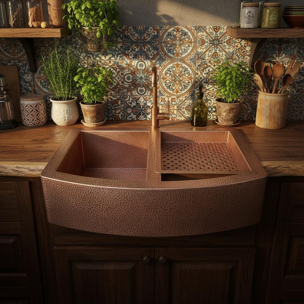 Handmade Hammered Copper Farmhouse Workstation Sink with Apron Front and Removable Prep Tray
