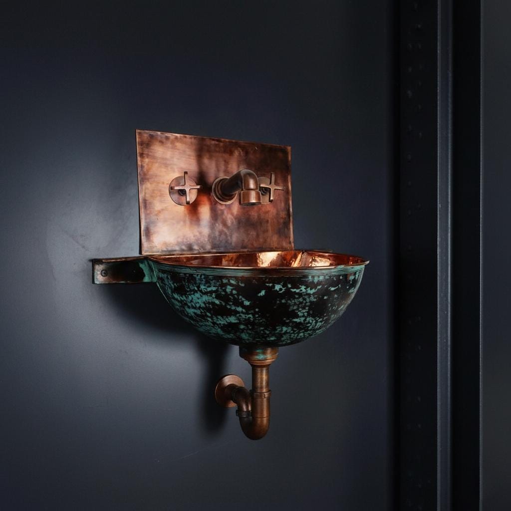 Handmade Turquoise Patina Copper Wall Mount Sink with Hammered Interior for Rustic Luxury Bathrooms