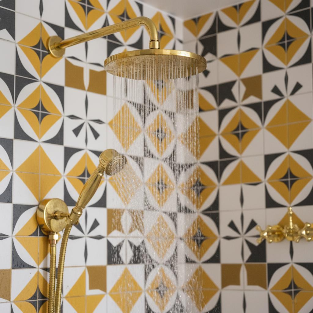 Unlacquered Solid Brass Ceiling Shower System – Complete Handcrafted Bathroom Set with Rain Head, Handheld & Mixer