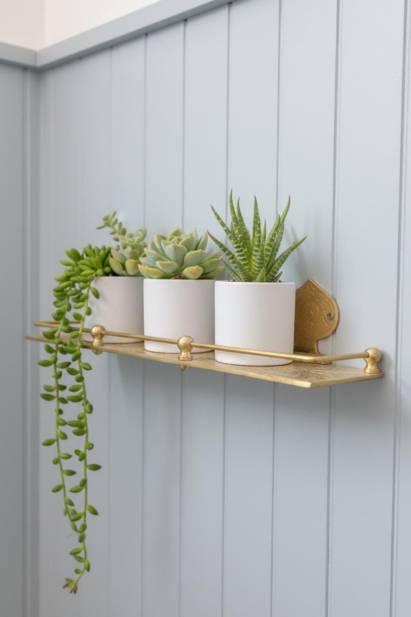 Engraved Unlacquered Brass Wall Shelf: Solid Handmade Bathroom or Hallway Decor