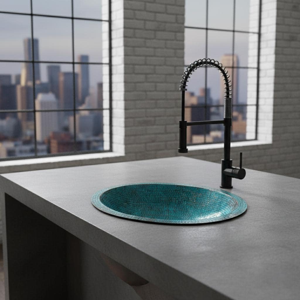 Handcrafted Oval Copper Vessel Basin with Turquoise Patina for Luxury Bathroom Vanity