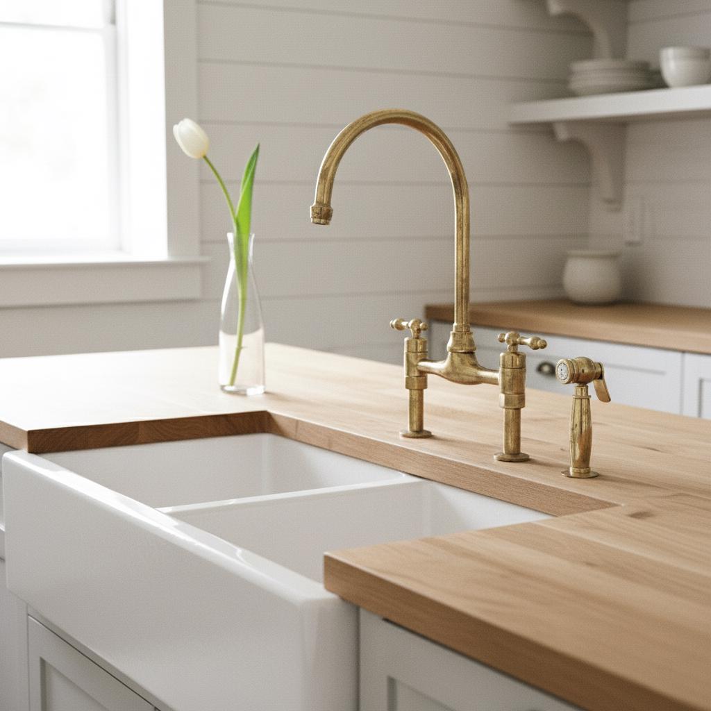 Unlacquered Brass Bridge Kitchen Faucet with Side Sprayer – Farmhouse Sink Mixer Tap, Solid Brass Fixture