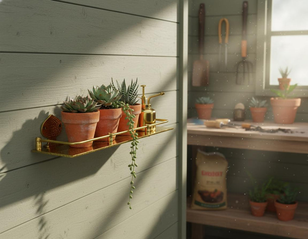 Handmade Hammered Brass Wall Shelf with Decorative Mounts for Luxury Bathrooms