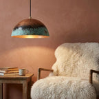 Handmade Copper Pendant Light with Green Patina – Rustic Dome Hanging Ceiling Lamp for Patio, Pergola & Dining Areas