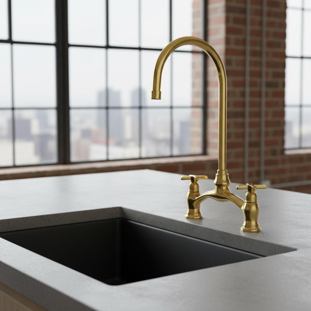 Unlacquered Brass Bridge Faucet – Solid Brass Farmhouse Sink Mixer Tap, Vintage Gooseneck Kitchen Faucet for Apron Front Sinks