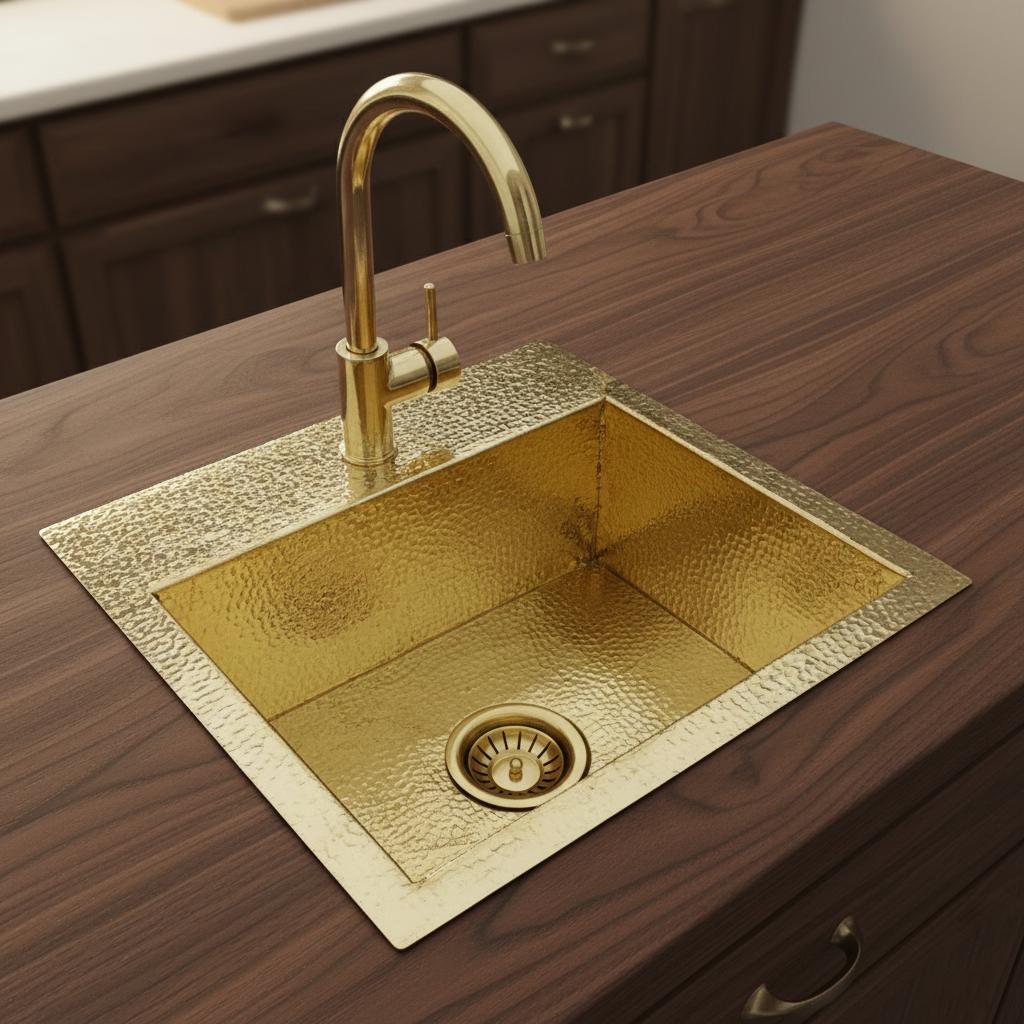 Handmade Square Brass Basin – Hammered Unlacquered Brass Undermount or Drop-In Kitchen, Bar or Prep Sink