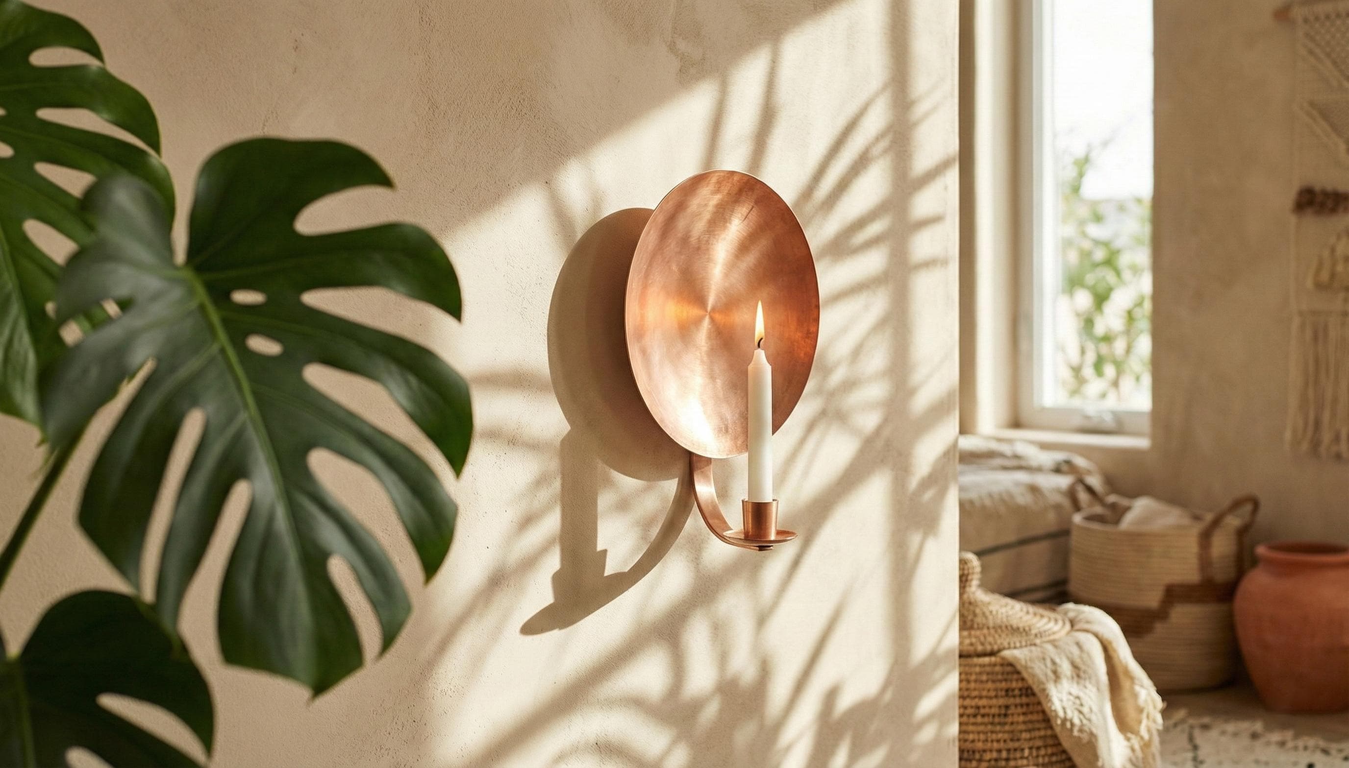 Handcrafted Copper Wall Candle Holder Sconce, Hammered Disc Taper Holder