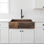 Handmade Fire Patina Hammered Copper Farmhouse Apron Front Sink for Modern Rustic Kitchen Designs
