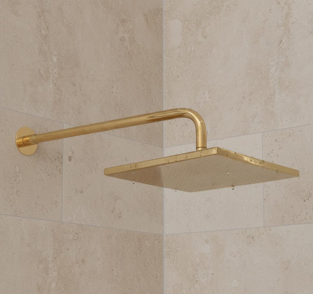 Unlacquered Solid Brass Square Rainfall Shower Head – Handmade Wall Mount Shower Arm