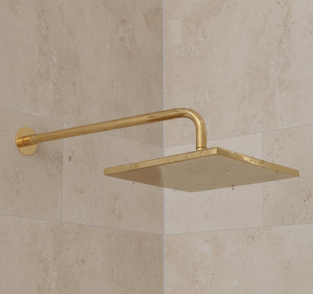 Unlacquered Solid Brass Square Rainfall Shower Head – Handmade Wall Mount Shower Arm