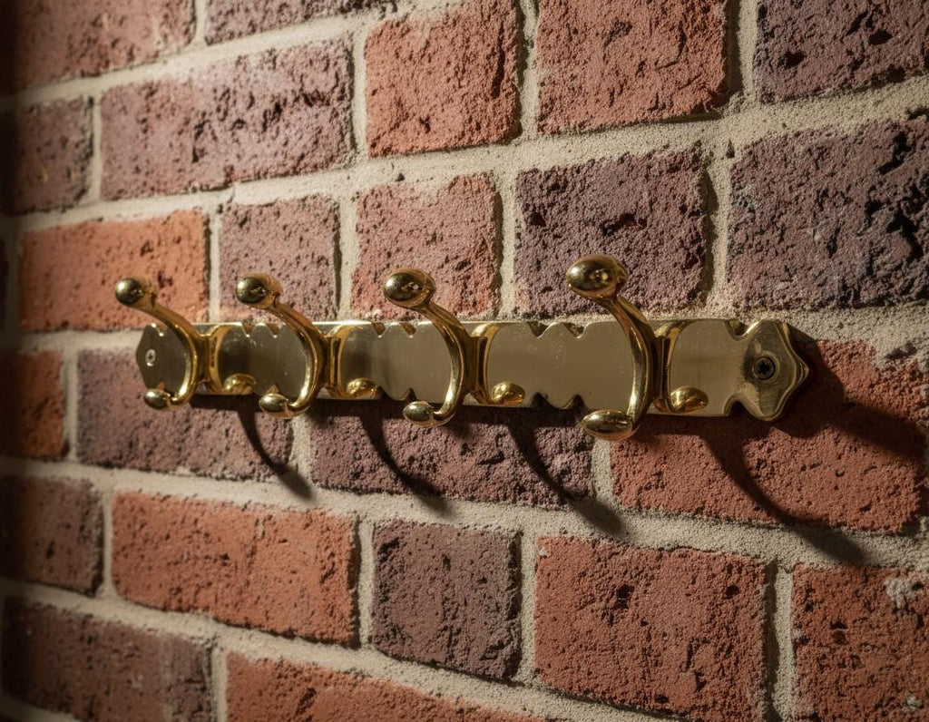 Gold wall hook with multiple hooks on a brick wall