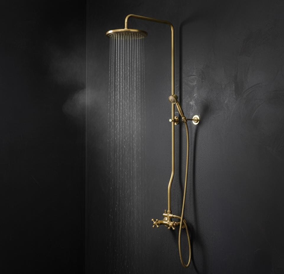 Unlacquered Brass Rainfall Shower with Handheld Sprayer & Cross Handles, Exposed Shower System