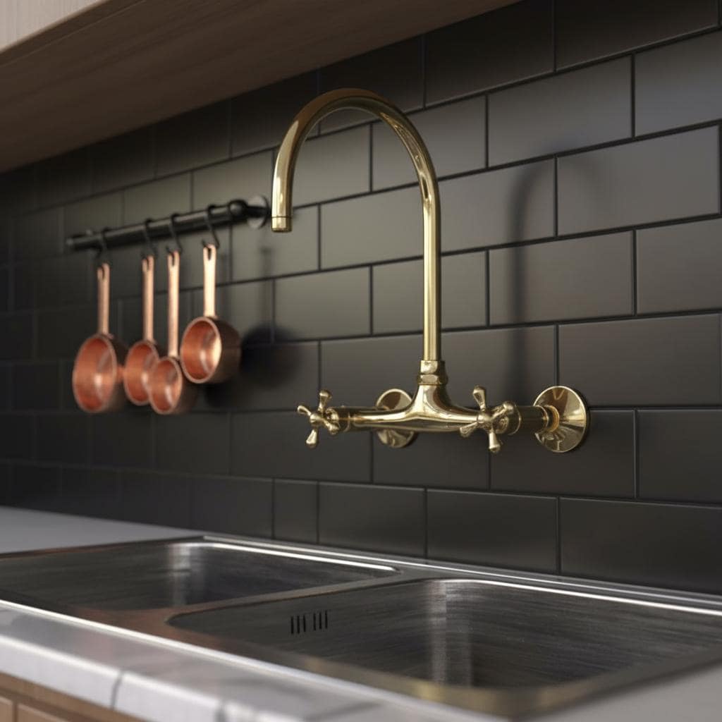 Unlacquered Brass Wall Mount Faucet – Handmade Solid Brass Gooseneck Kitchen Tap with Cross Handles for Farmhouse Sink