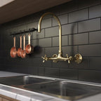 Unlacquered Brass Wall Mount Faucet – Handmade Solid Brass Gooseneck Kitchen Tap with Cross Handles for Farmhouse Sink