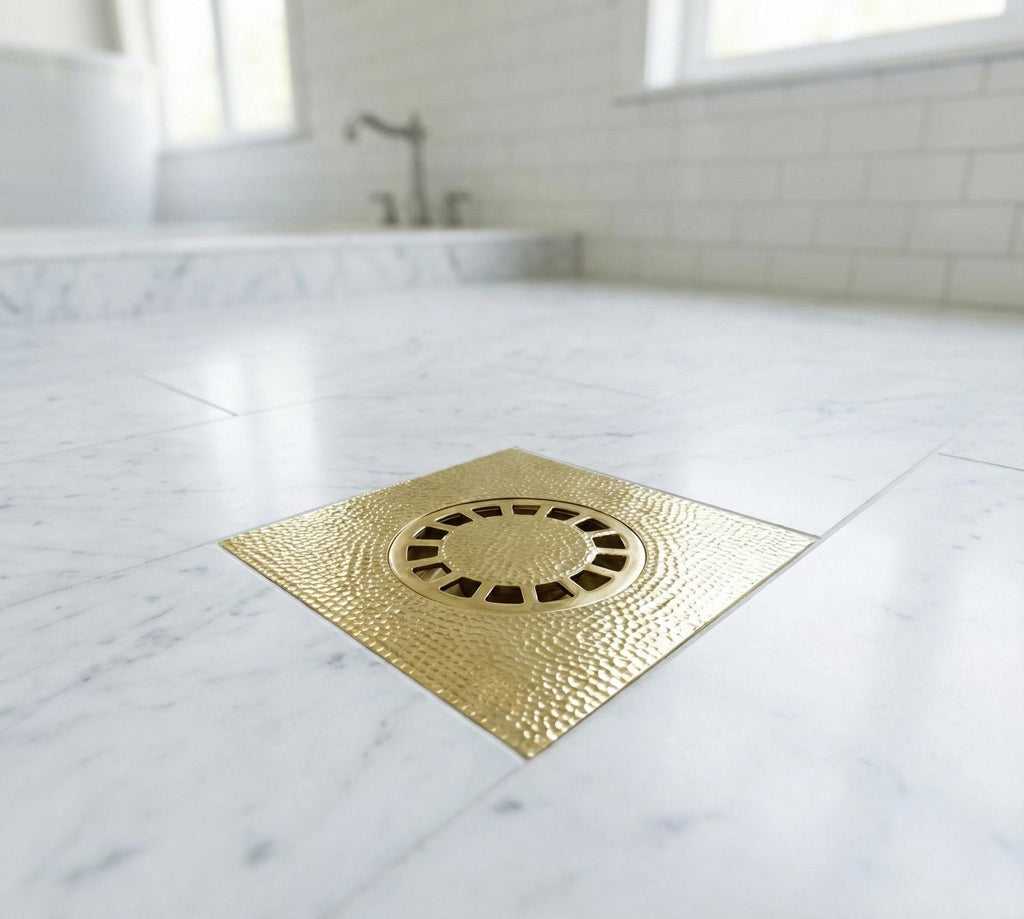 Handmade Solid Brass Square Floor Drain with Round Grate for Luxury Shower Bathrooms
