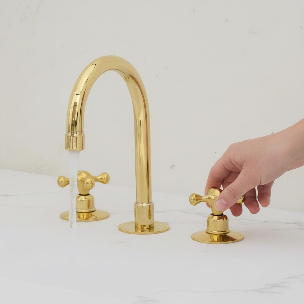 Unlacquered Brass 3-Hole Bathroom Faucet – Handmade Solid Brass Basin Mixer Tap with Cross Handles