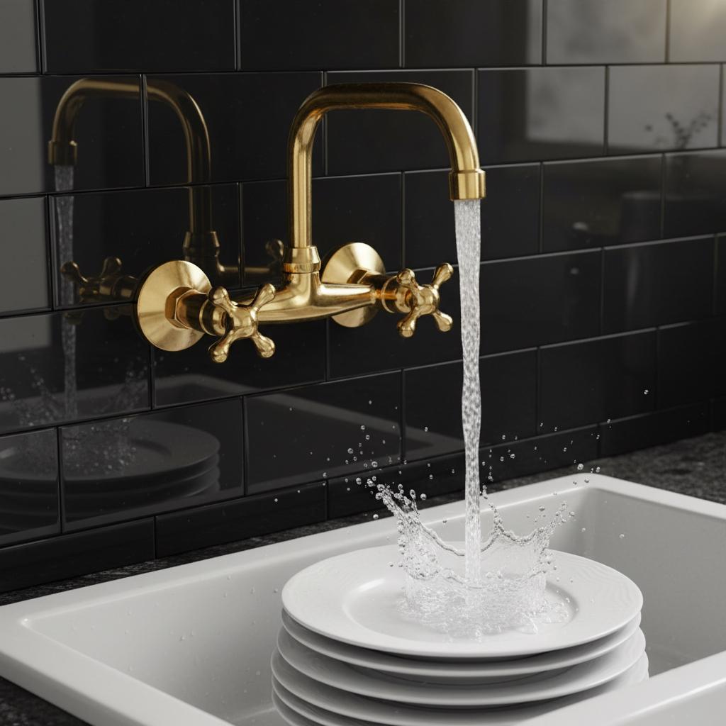 Unlacquered Brass Wall Mount Faucet – Handmade Solid Brass Bar or Bathroom Sink Tap with Cross Handles