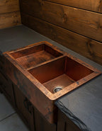 Copper Farmhouse Kitchen Sink – Double Basin Apron Front Workstation with Hammered Texture