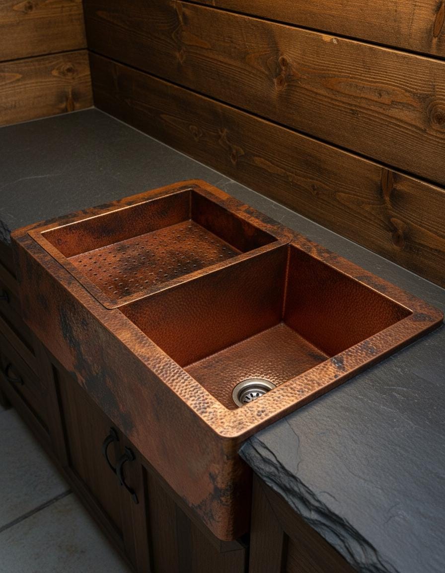 Copper Farmhouse Kitchen Sink – Double Basin Apron Front Workstation with Hammered Texture
