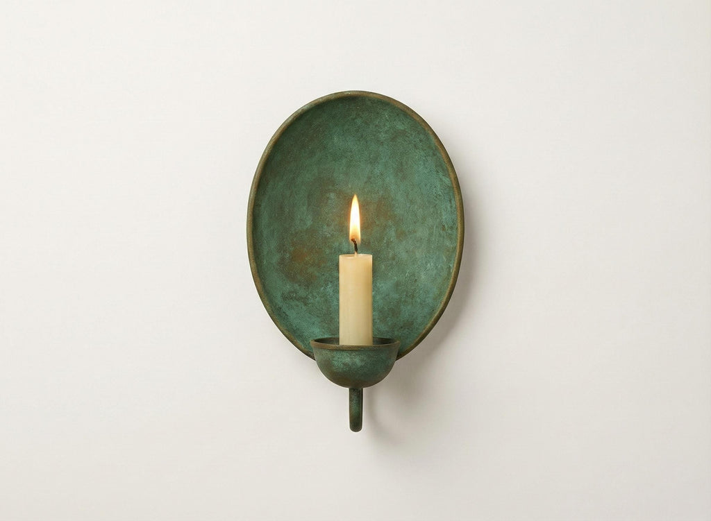 Handcrafted Copper Oxidated Wall-Mount Round Candle Holder, Brass Vintage Patina Sconce