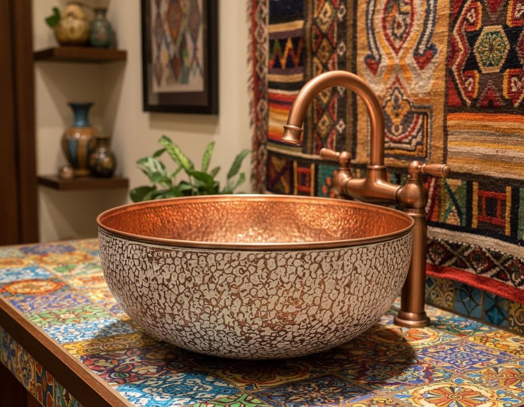 Handmade White Crackle Patina Copper Vessel Sink with Hammered Interior for Stylish Luxury Bathrooms