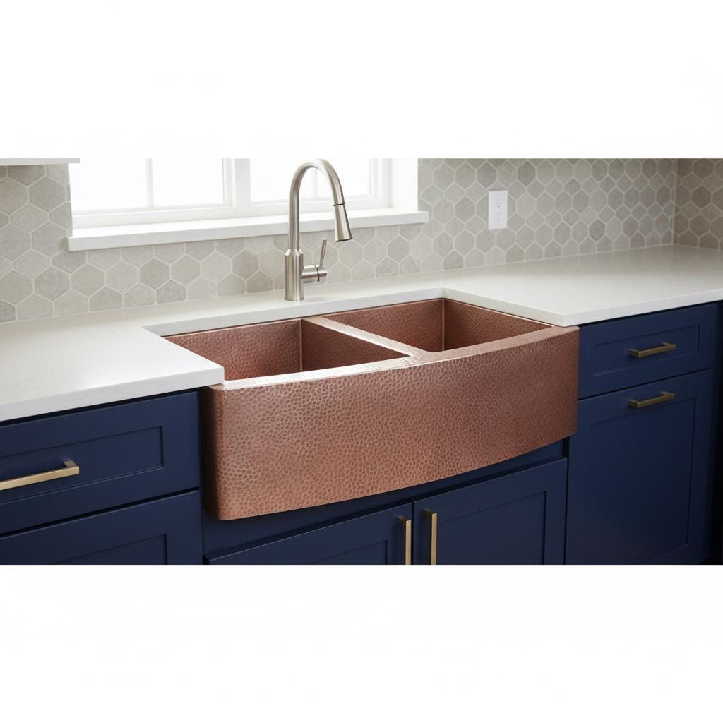 Handmade Hammered Copper Farmhouse Kitchen Sink with Double Bowl Apron Front for Luxury Spaces