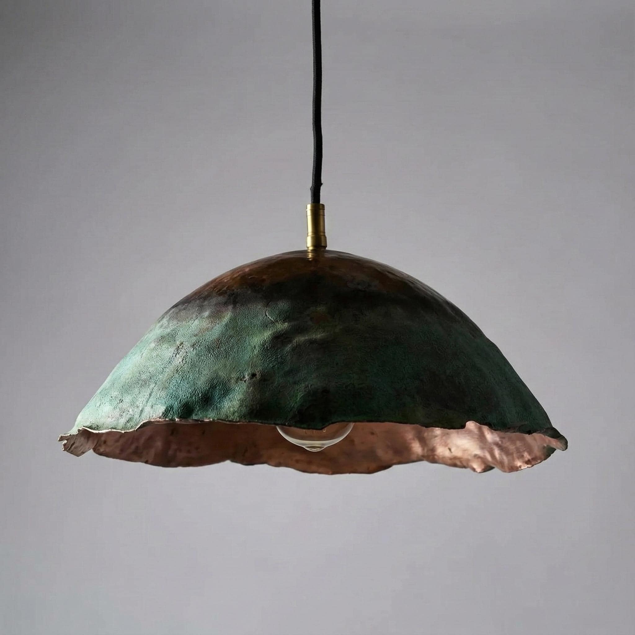 Handcrafted Copper Pendant Light with Fire Finish and Verdigris Patina Exterior Dome