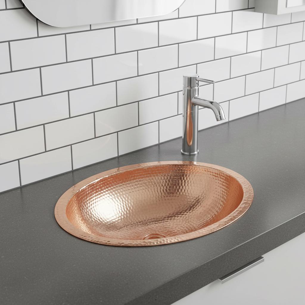 Handmade Oval Undermount Copper Bathroom Sink with Hammered Texture and Free Pop Up Drain