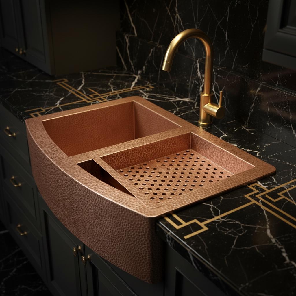 Handmade Hammered Copper Farmhouse Workstation Sink with Apron Front and Removable Prep Tray