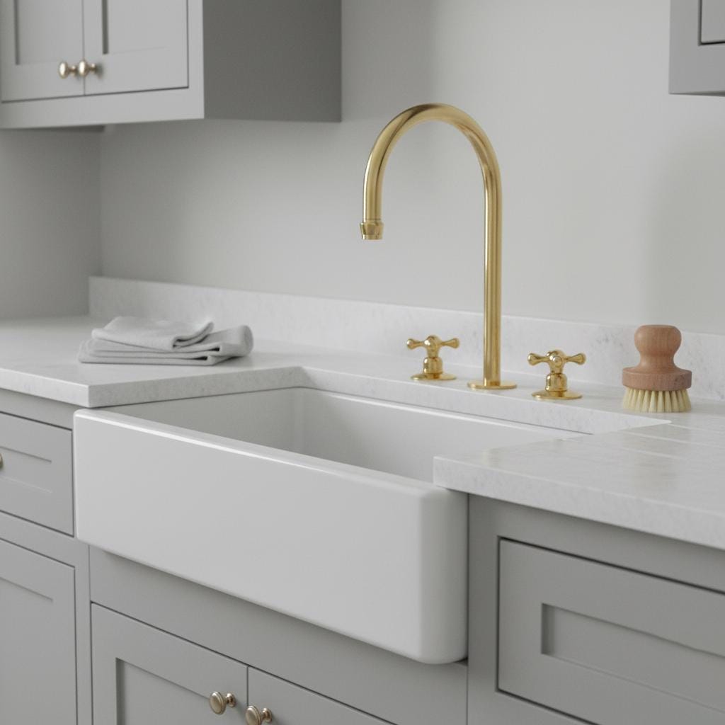 Unlacquered Brass Kitchen Faucet, Solid Brass Bridge Mixer Tap with Cross Handles for Farmhouse Sink