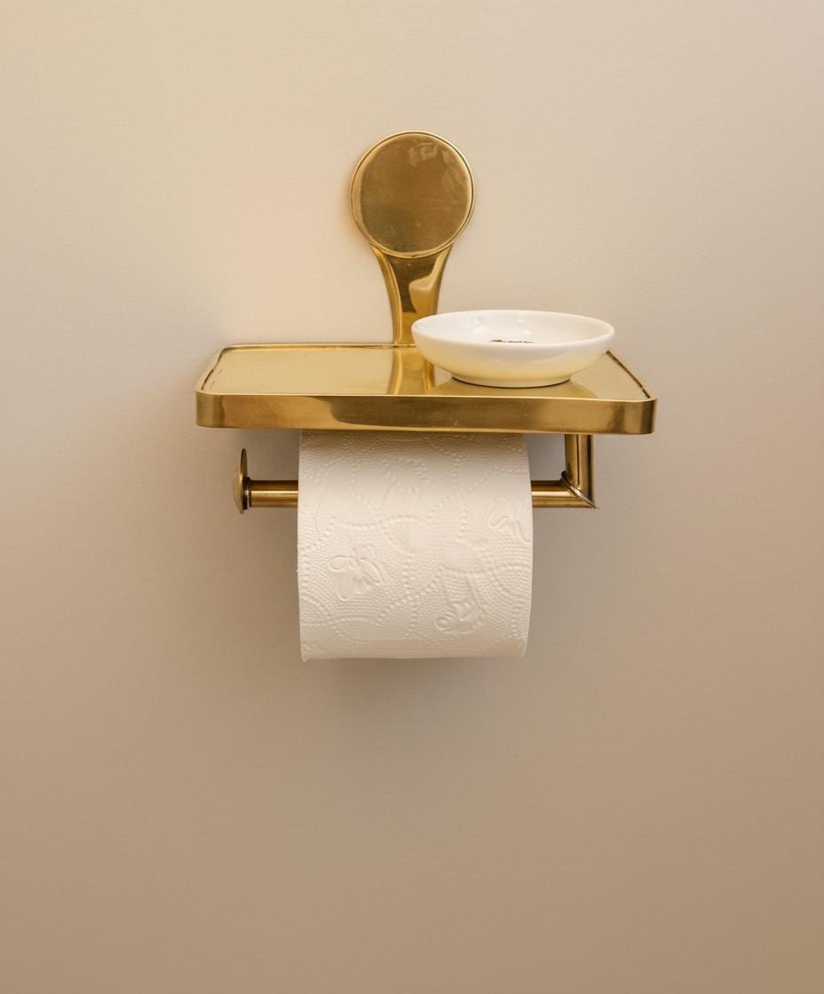 Gold wall-mounted toilet paper holder with a bowl on a beige background