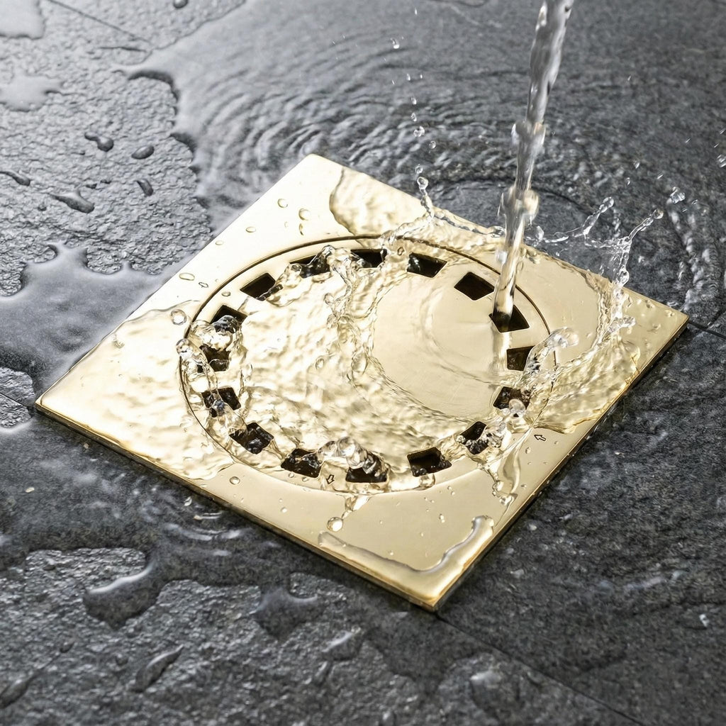 Solid Brass Square Floor Drain Cover – Luxury Shower Drain with Removable Round Strainer for Bathroom
