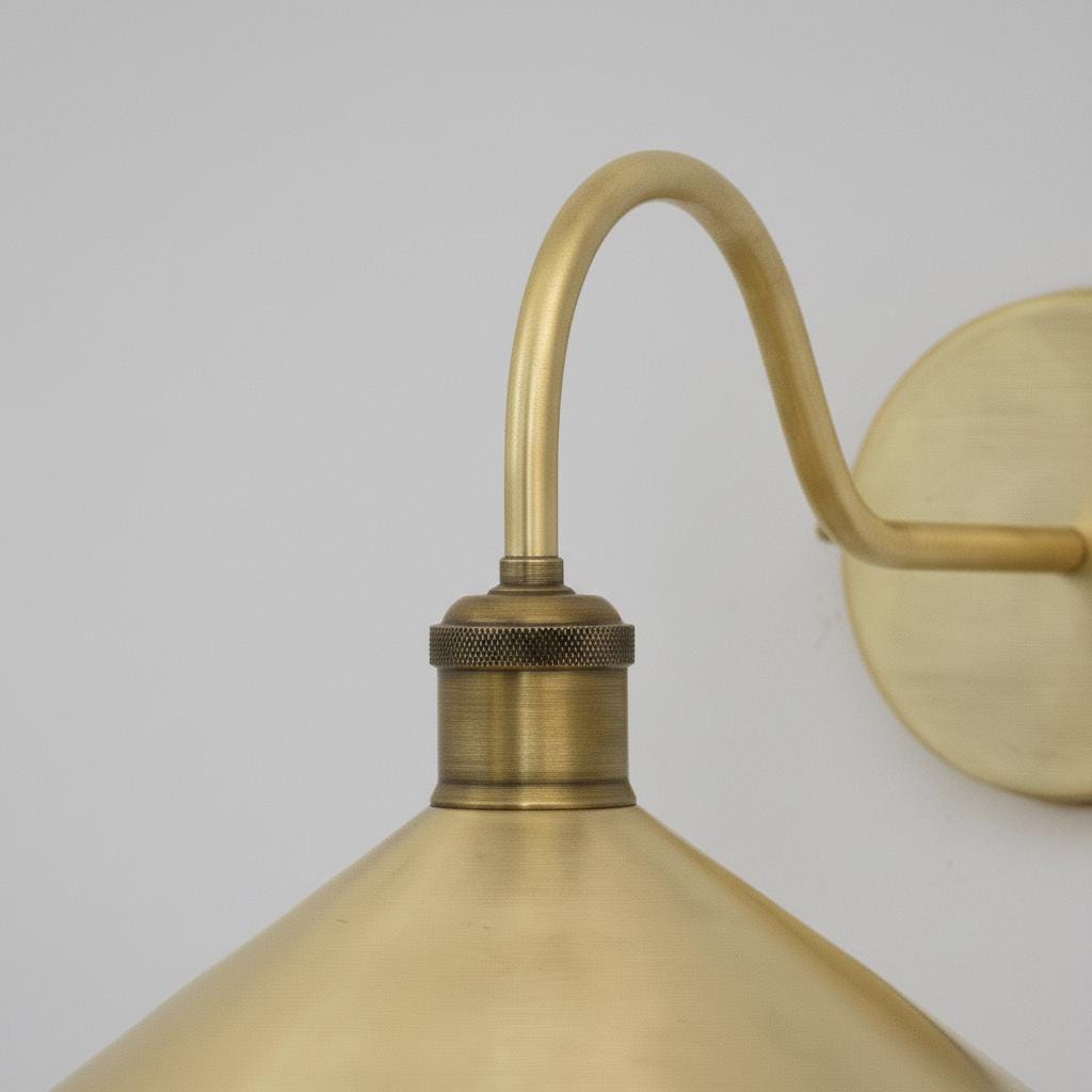Unlacquered Brass Wall Sconce – Handmade Cone Shade Light for Bathroom, Bedroom, or Hallway