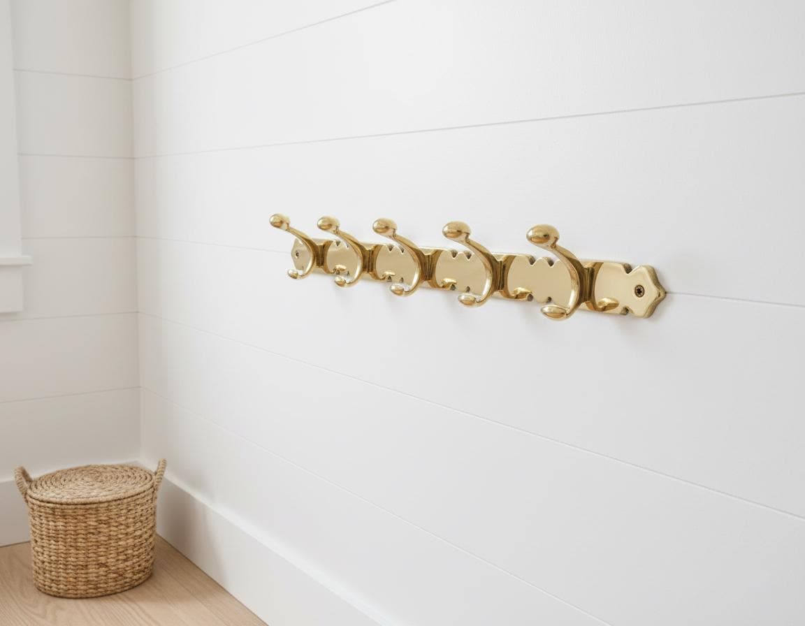 Gold wall-mounted hook rack on a white wall with a woven basket below.